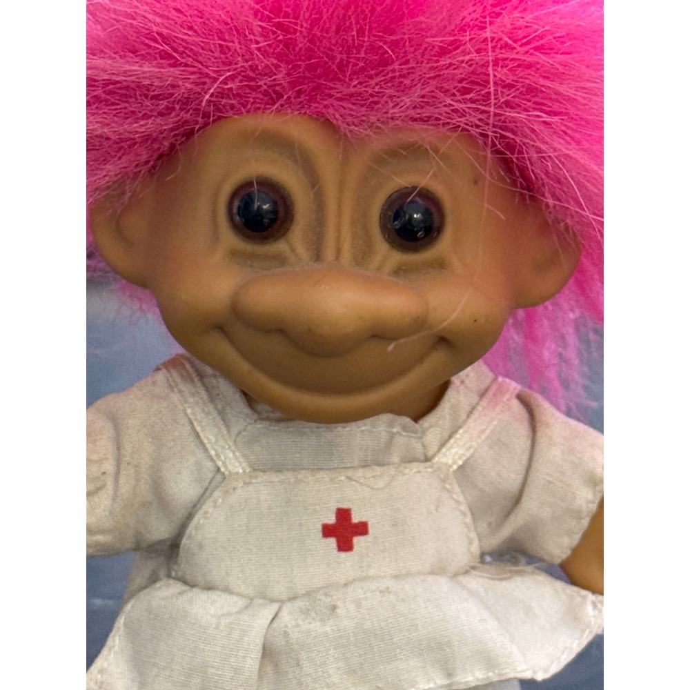 Vintage Russ Berrie Nurse Troll Doll Pink Hair White Uniform Item 18309